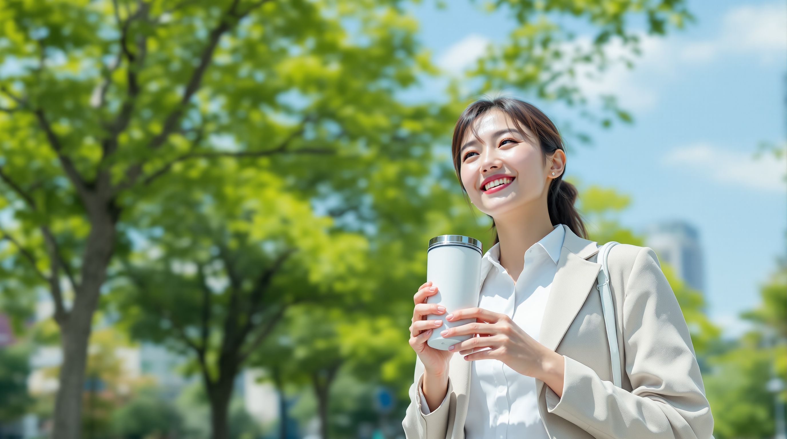 현대적인 한국 직장인이 햇볕이 비치는 도시 공원을 걸으며 오왈라 텀블러를 들고 있는 모습