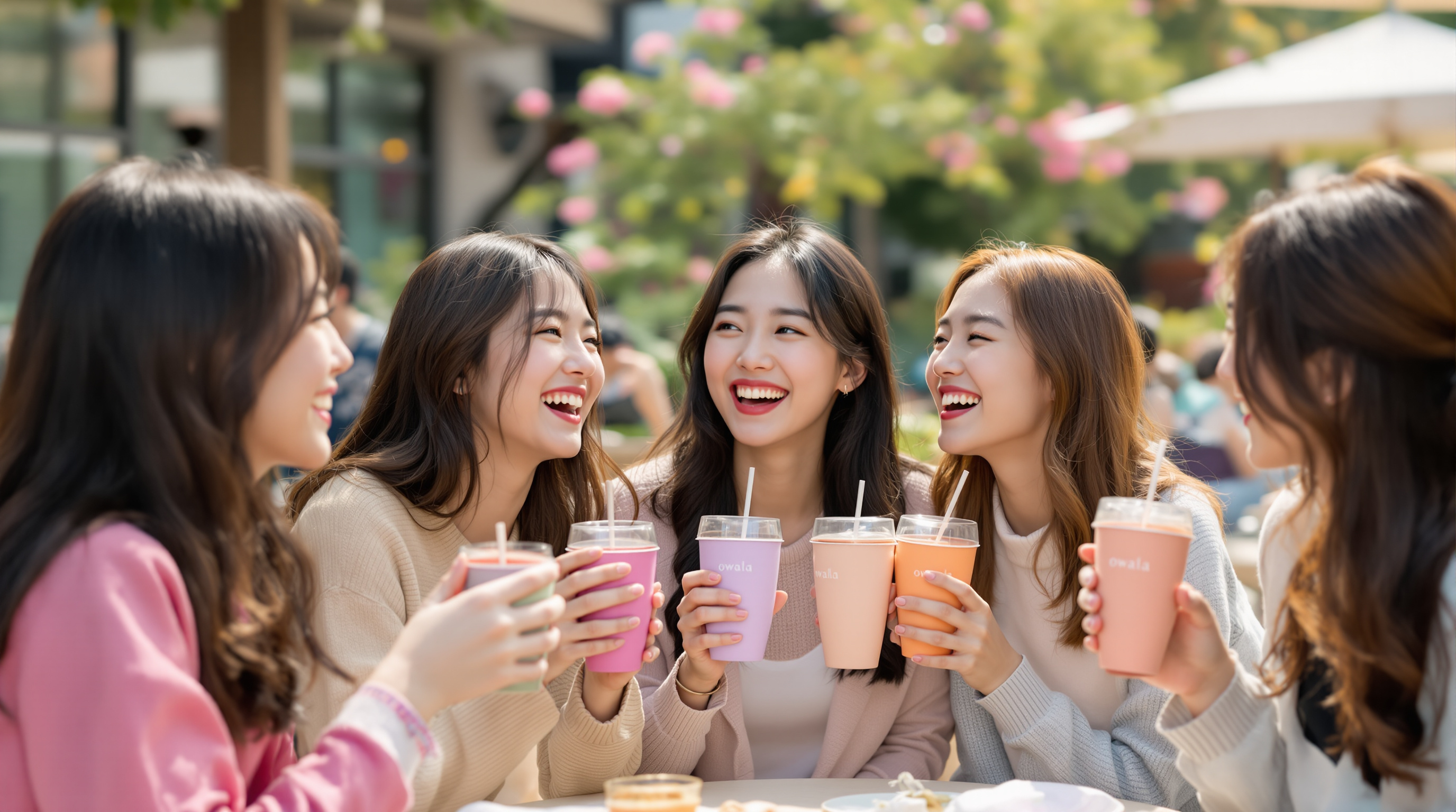 다양한 색상의 오왈라 텀블러로 음료를 즐기는 친구들 무리의 야외 모임 장면