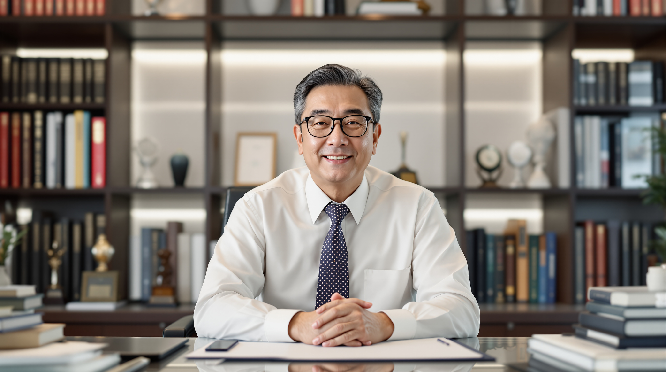 현대적 사무실에서 책과 상패로 둘러싸인 전설적인 경영인의 초상