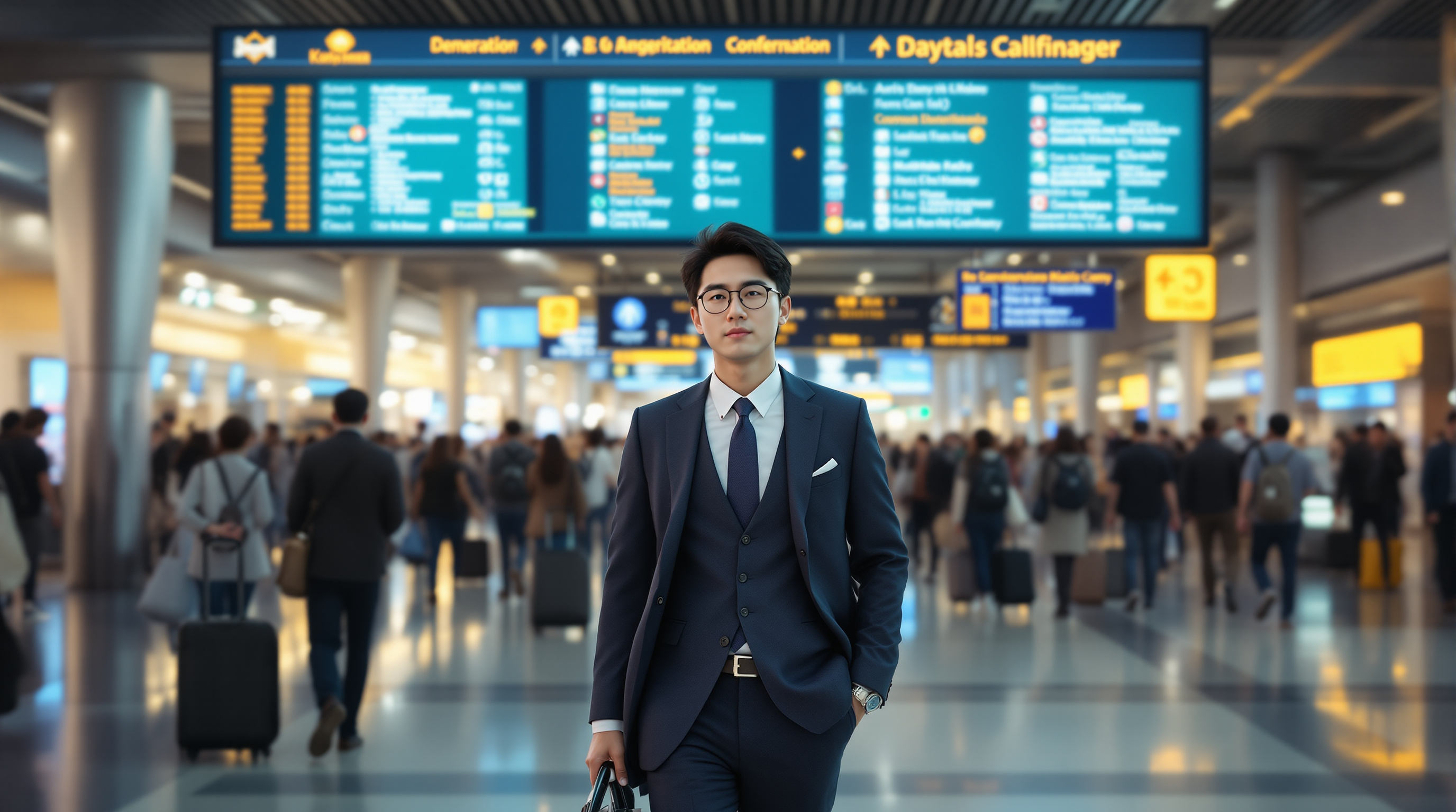 국제 공항 터미널을 걷고 있는 세련된 비즈니스맨의 모습