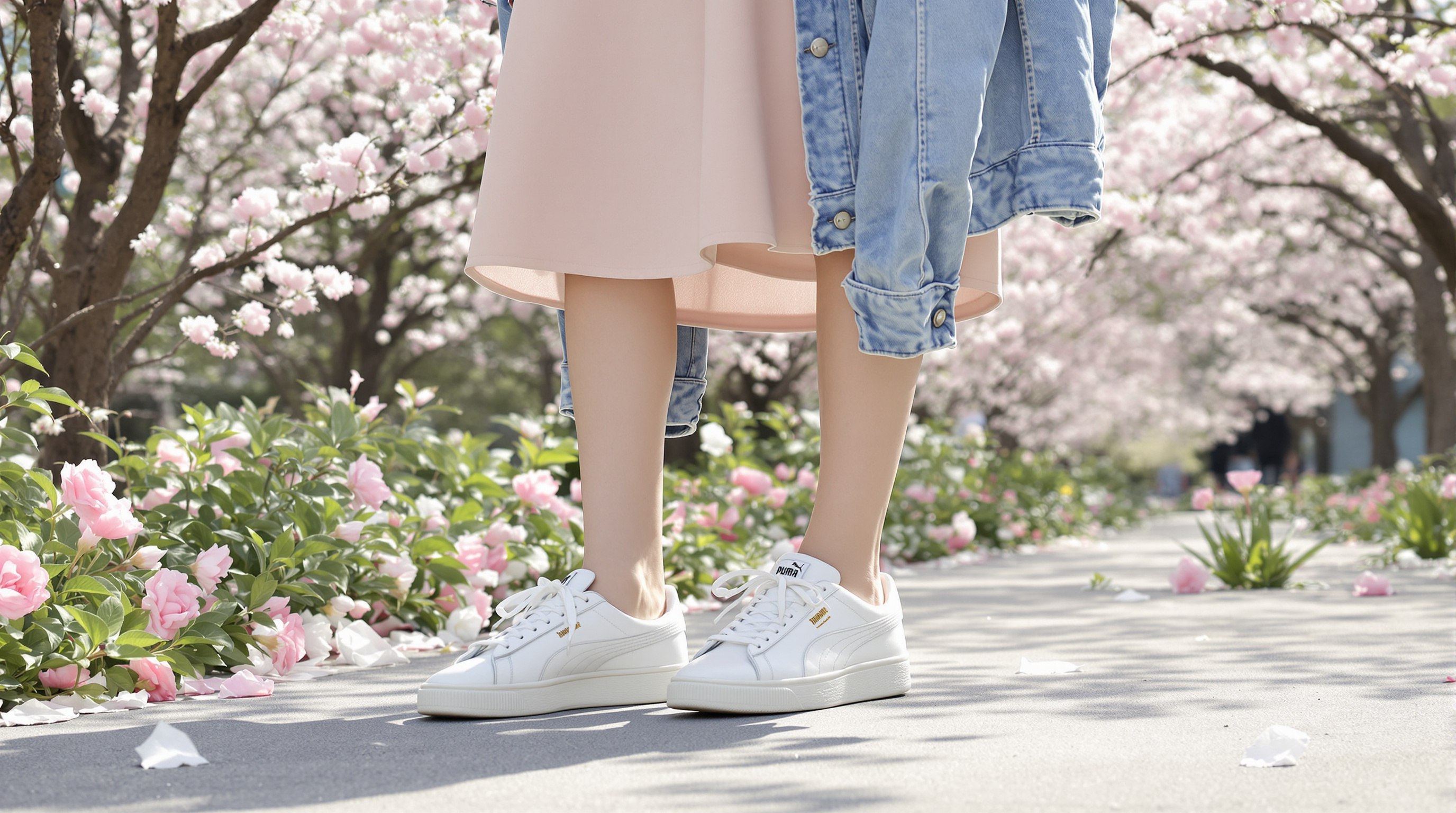 밝은 봄 배경에서 파스텔 드레스와 데님 재킷을 입고 흰색 푸마 스니커즈를 매치한 여성의 캐주얼한 모습