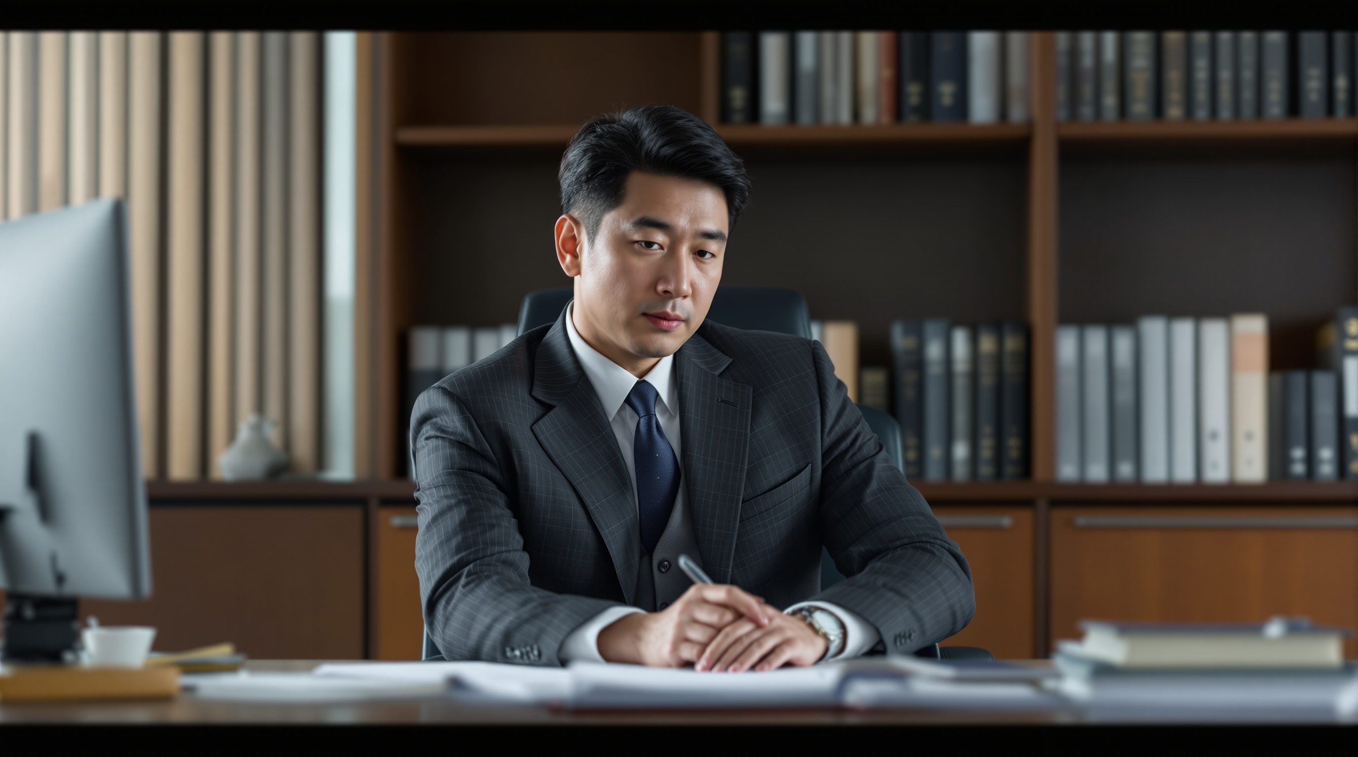 중견 법조인 정진우가 현대적인 사무실에서 일하는 모습