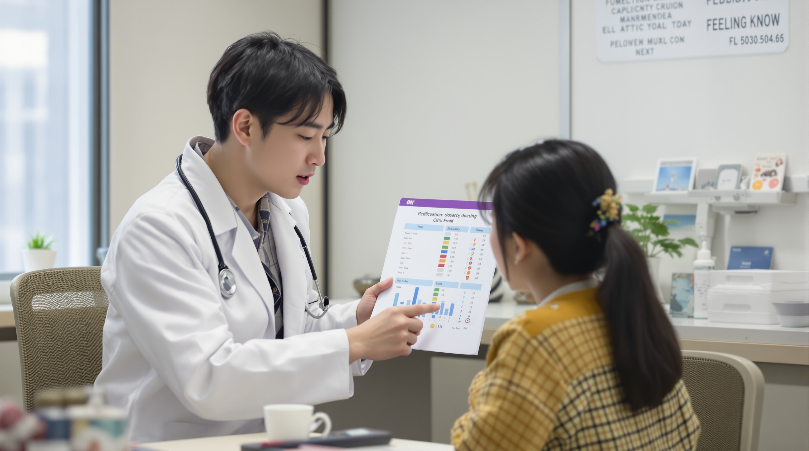 소아과 의사가 진료실에서 복용량 차트와 저울을 사용하여 부모에게 설명하는 장면