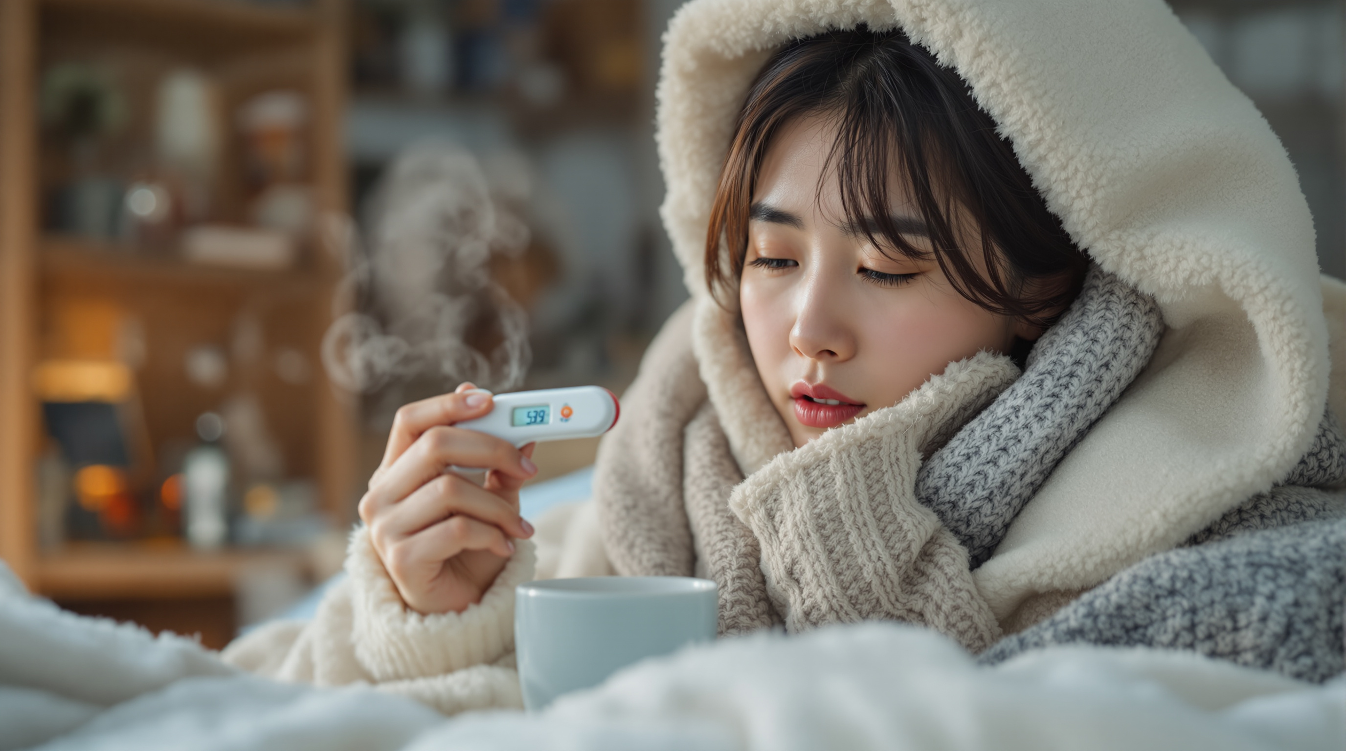 집에서 담요로 몸을 감싸고 있는 여성의 체온계가 39도 이상을 가리키며 열과 오한을 겪는 모습