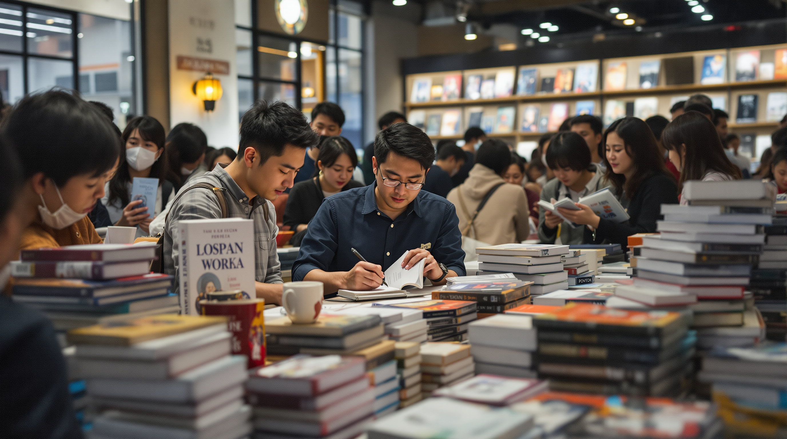 많은 독자들로 붐비는 출판 행사에서 책에 사인하는 작가의 모습