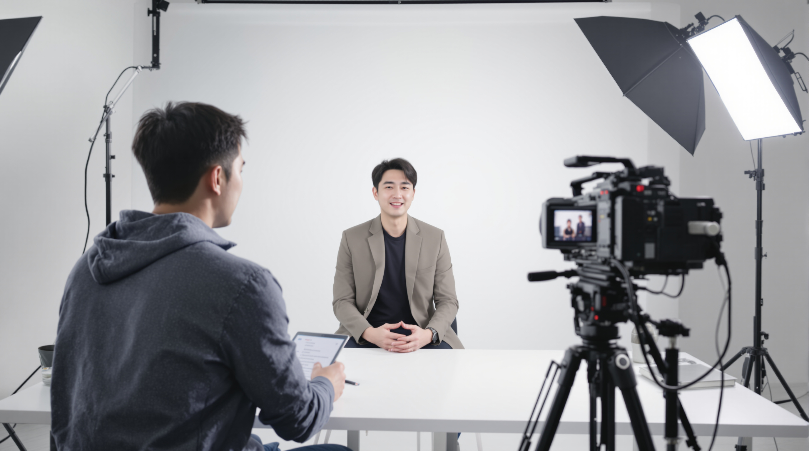 현대적인 스튜디오에서 유튜브 콘텐츠를 촬영 중인 목사의 모습