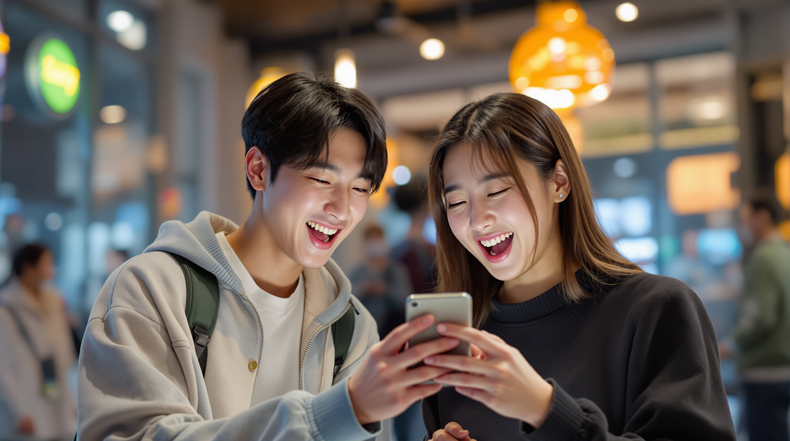 스마트폰 앱을 통해 리워드 이벤트에 참여하며 즐거워하는 젊은 성인들