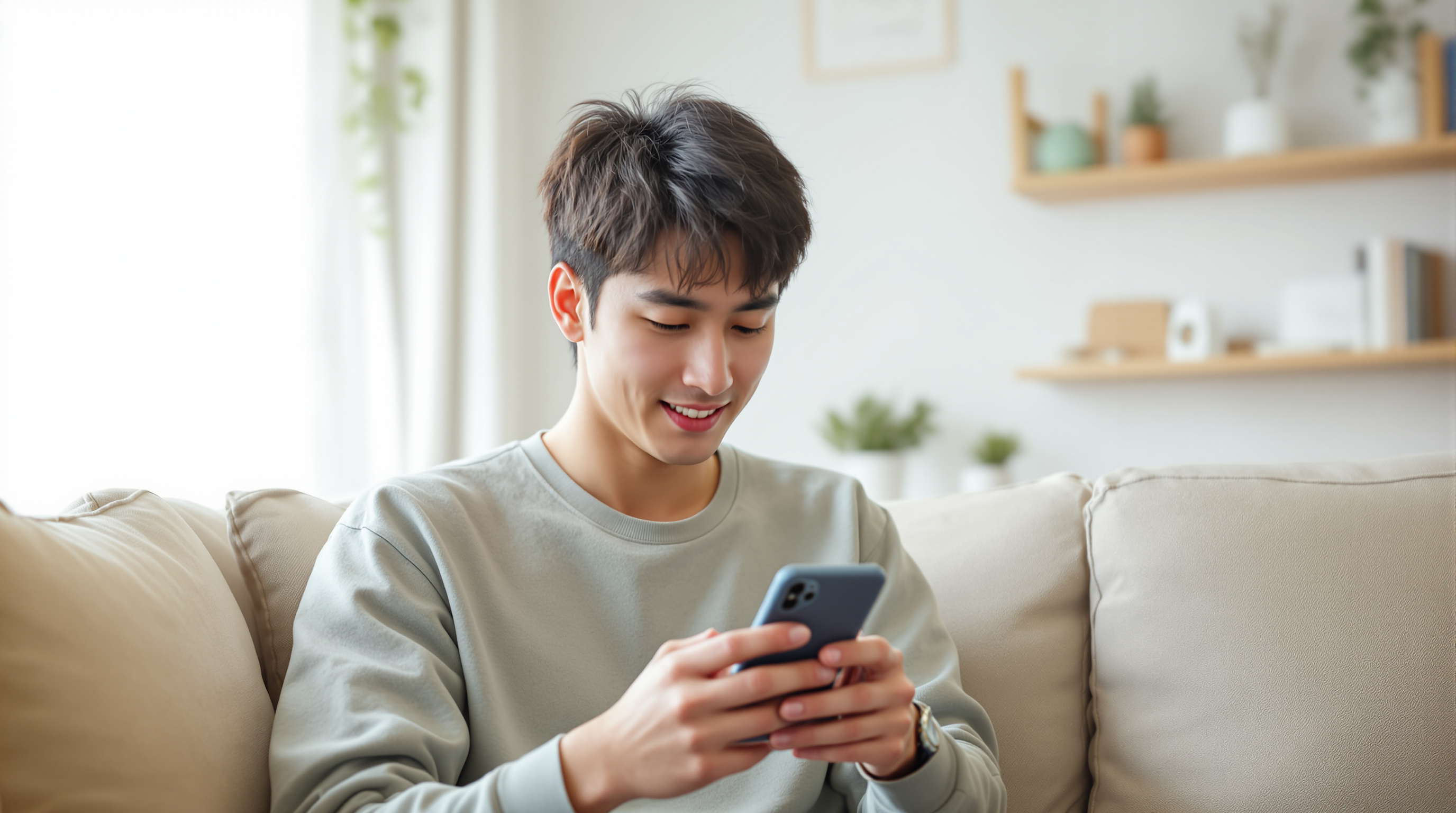집에서 토스 앱을 사용해 포인트를 현금이나 기프트 카드로 바꾸는 젊은 남성