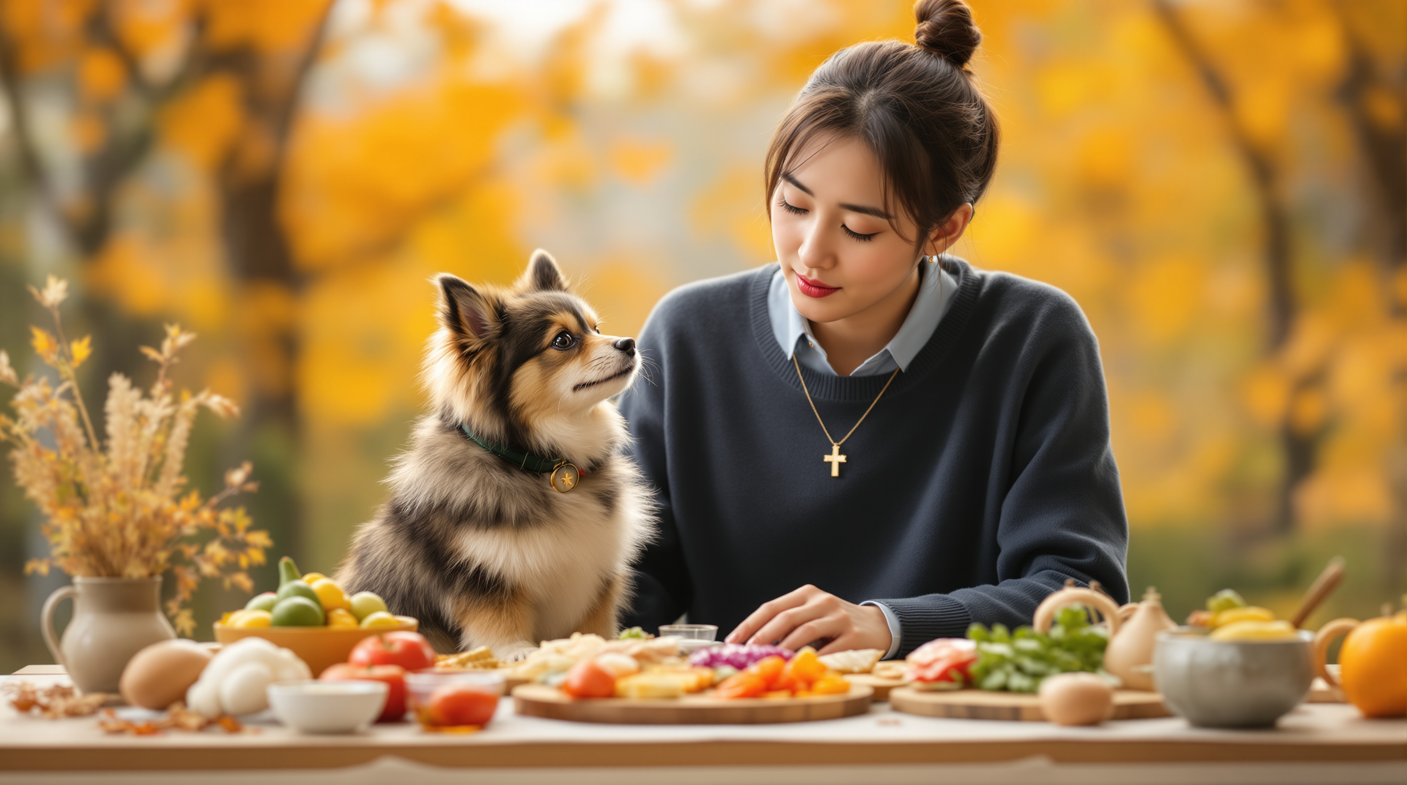 현대적인 애완동물 주인이 작은 강아지와 함께 안전한 음식 선택에 대해 고민하는 모습