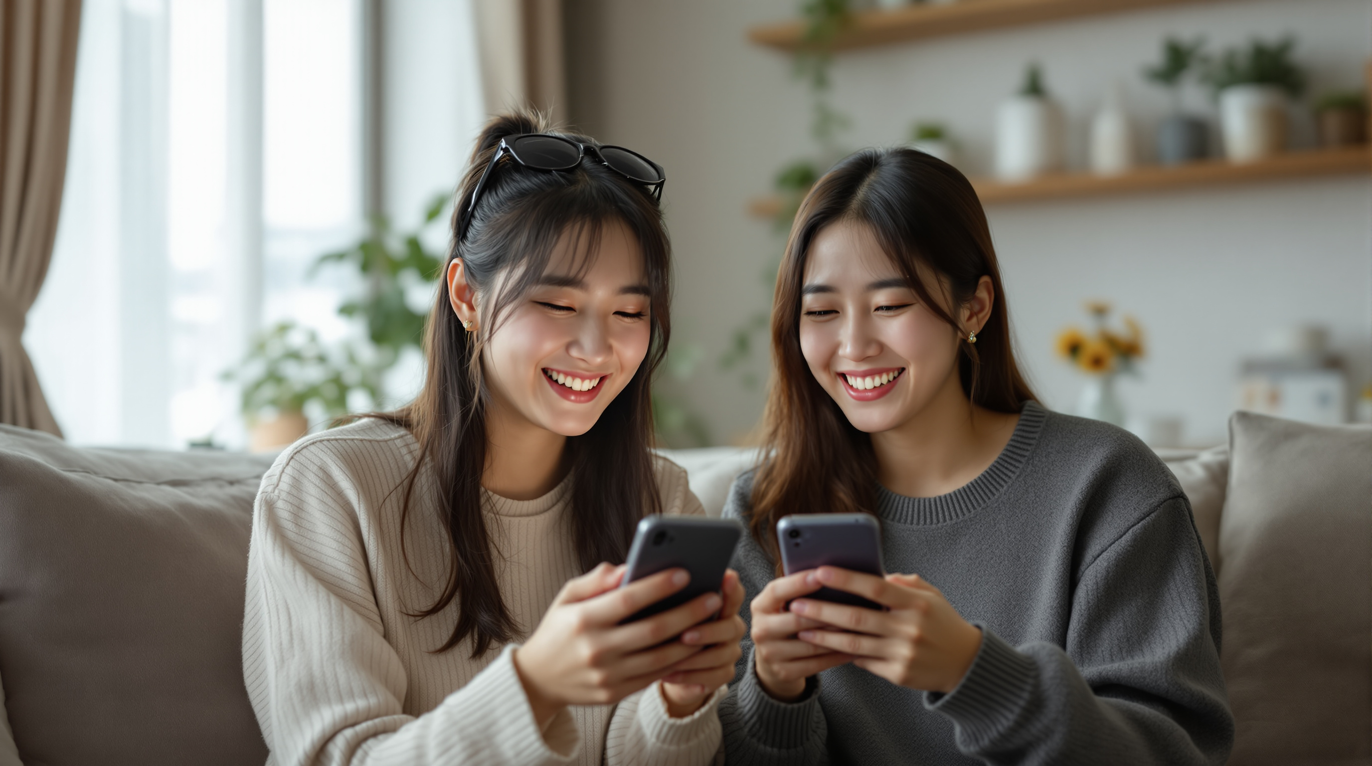 젊은 부부가 스마트폰을 통해 좋은 소식을 듣고 있는 따뜻한 가정환경