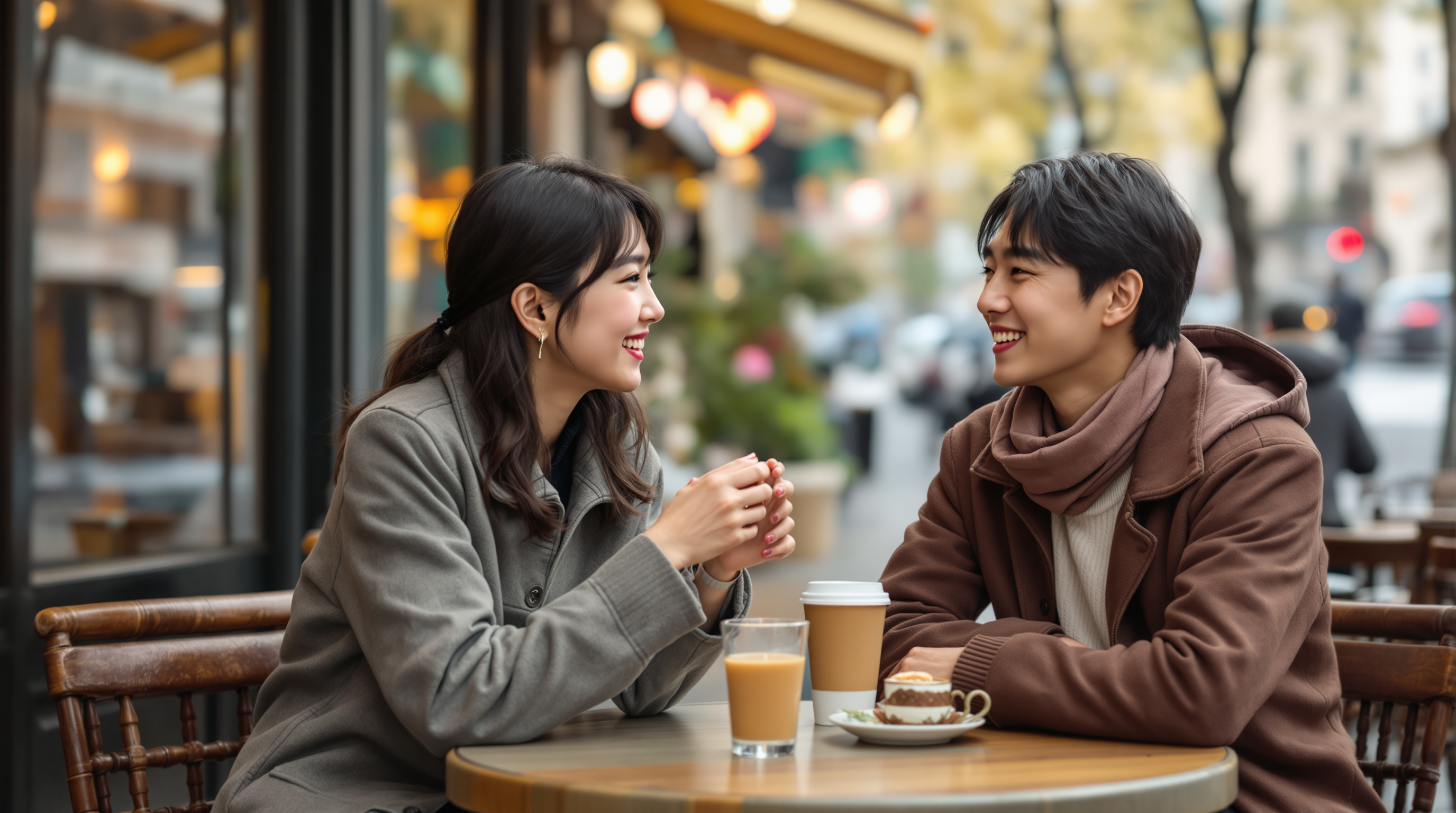 파리 카페에서 따뜻한 미소를 주고받는 커플의 만남