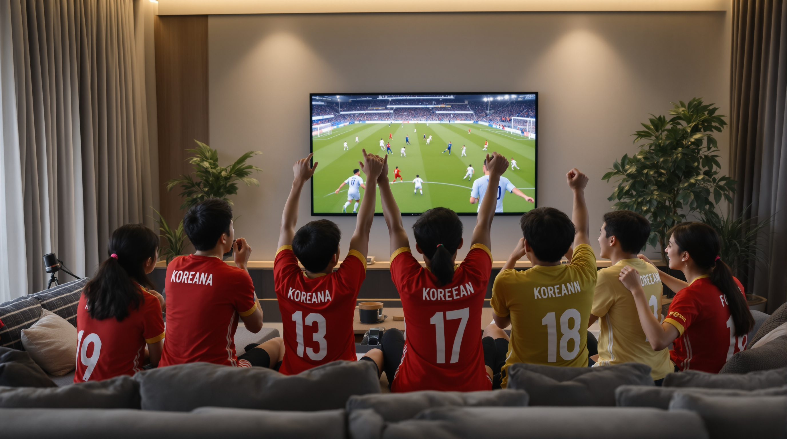 축구 경기를 시청하며 열광하는 한국 축구팬들의 모습