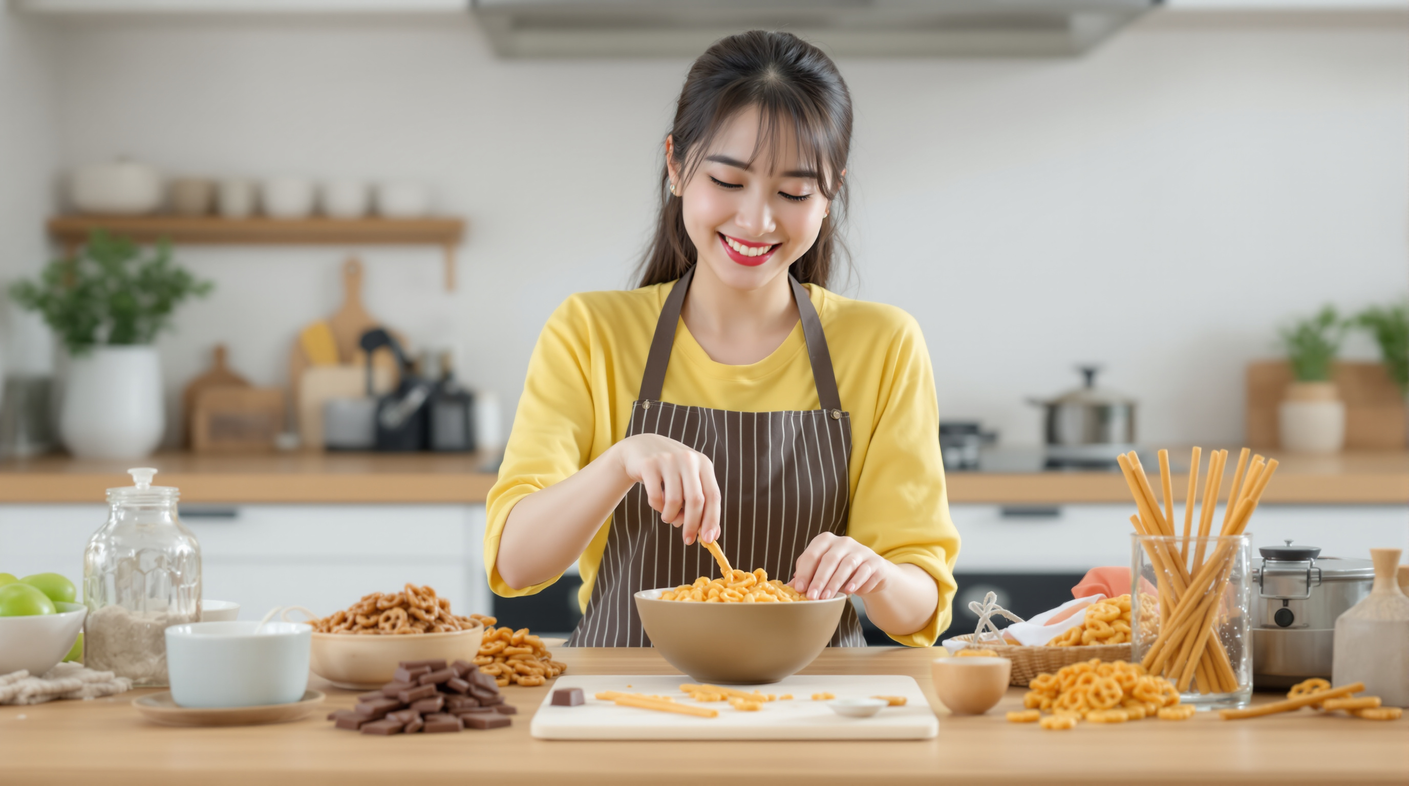 현대적 주방에서 초콜릿과 프레첼 스틱 등 빼빼로 재료를 준비하는 젊은 여성의 모습