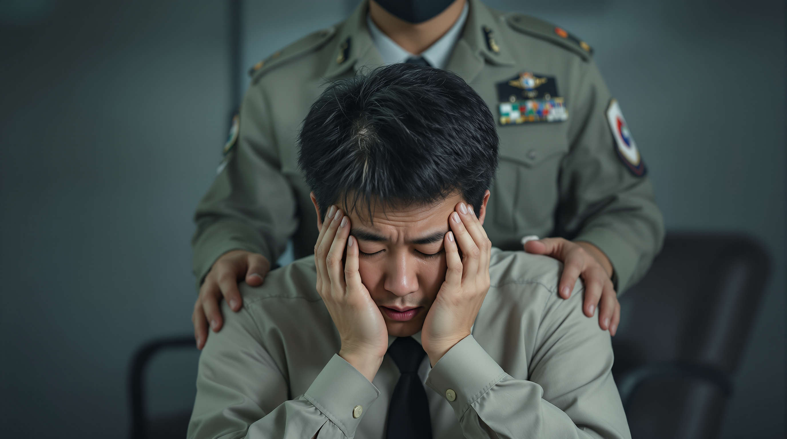 회사에서 상사가 압박을 주는 장면으로서 회사원과 상사가 각각 회사 복장과 군복을 혼합하여 입고 있는 모습