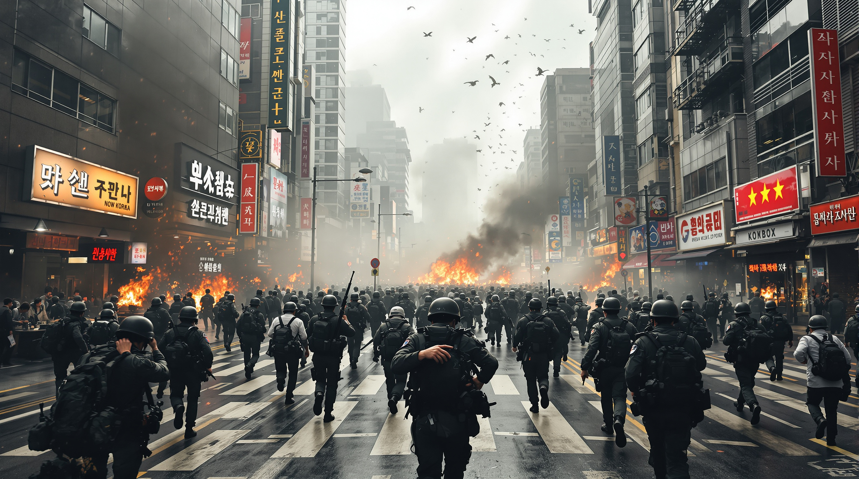 분주한 도시 풍경이 전쟁터로 변하면서 직장인들이 마감일 압박 속에서 병사처럼 뛰어다니는 모습