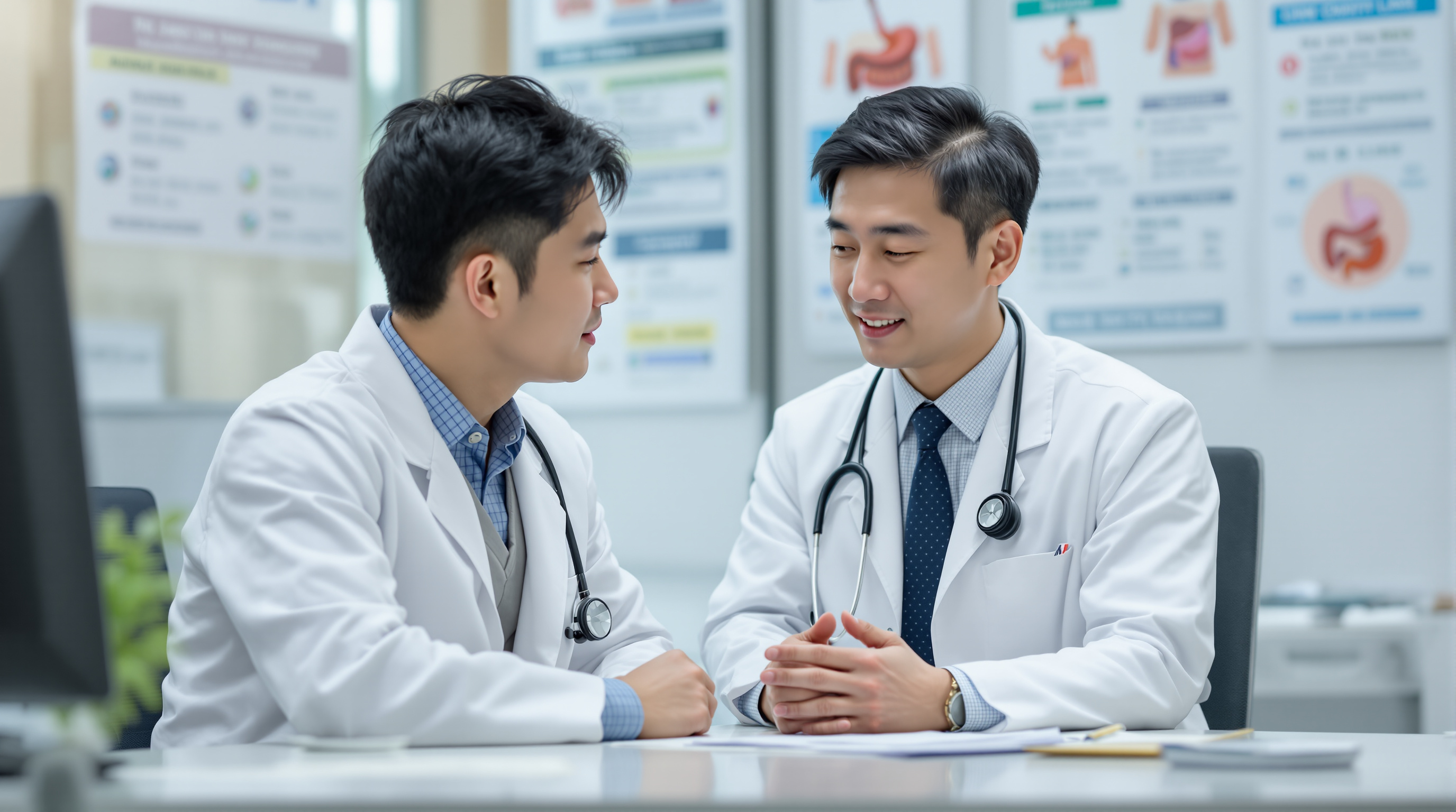 현대식 의료 사무실에서 소화기 증상 포스터가 걸린 가운데 환자에게 마운자로 부작용에 대해 상담하는 한국 의사의 모습