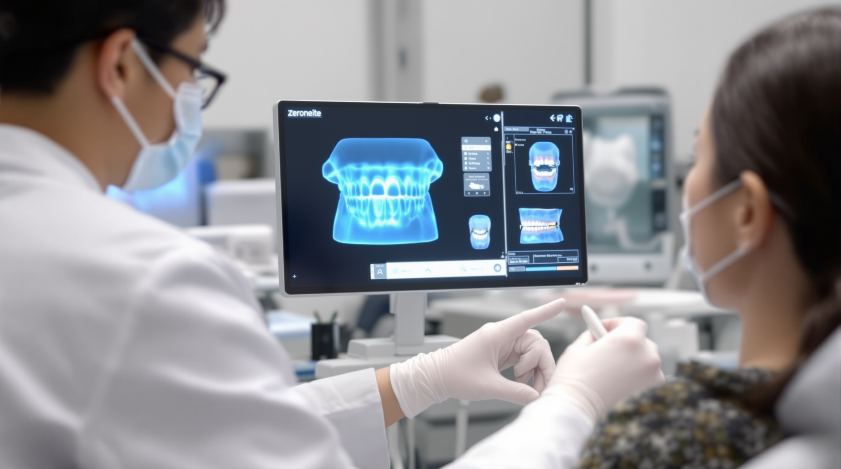 첨단 치과에서 환자에게 3D 스캔을 사용해 제로네이트 시술을 설명하는 한국인 치과 의사
