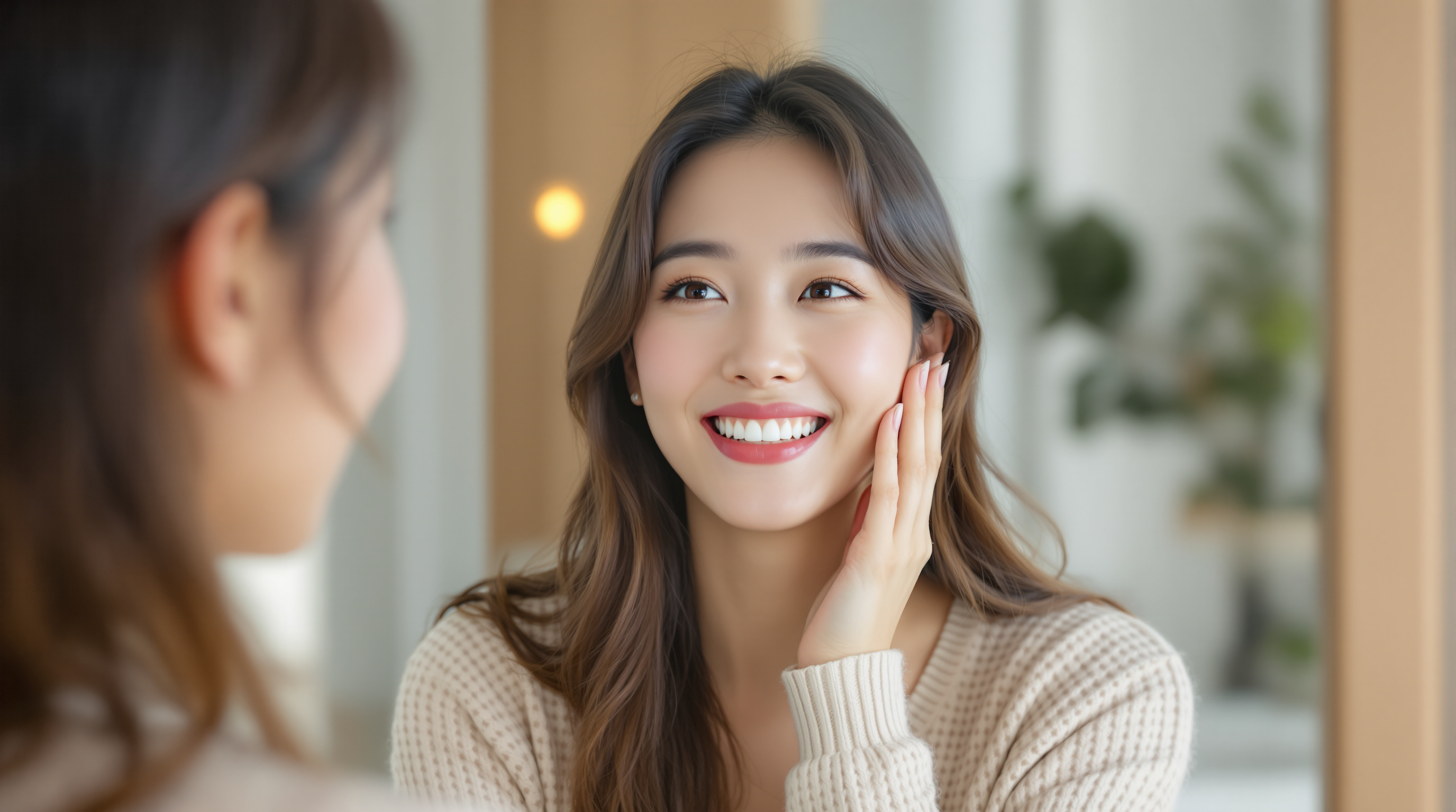 집 거울 앞에서 자신감 있는 미소를 짓고 있는 한국 여성의 자연스러운 치아 모습