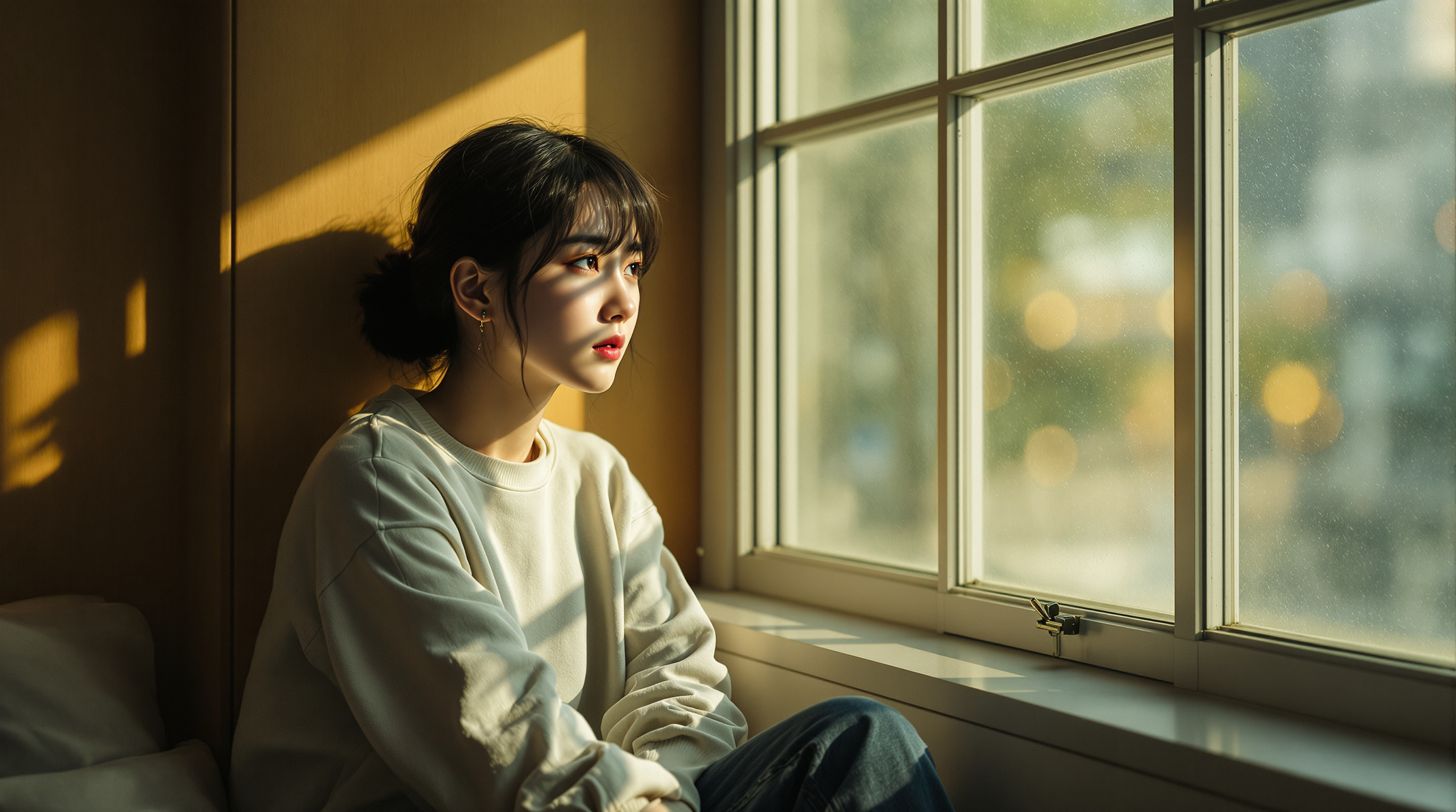 창가에 앉아 생각에 잠긴 한국인이 애매한 감정을 느끼는 모습