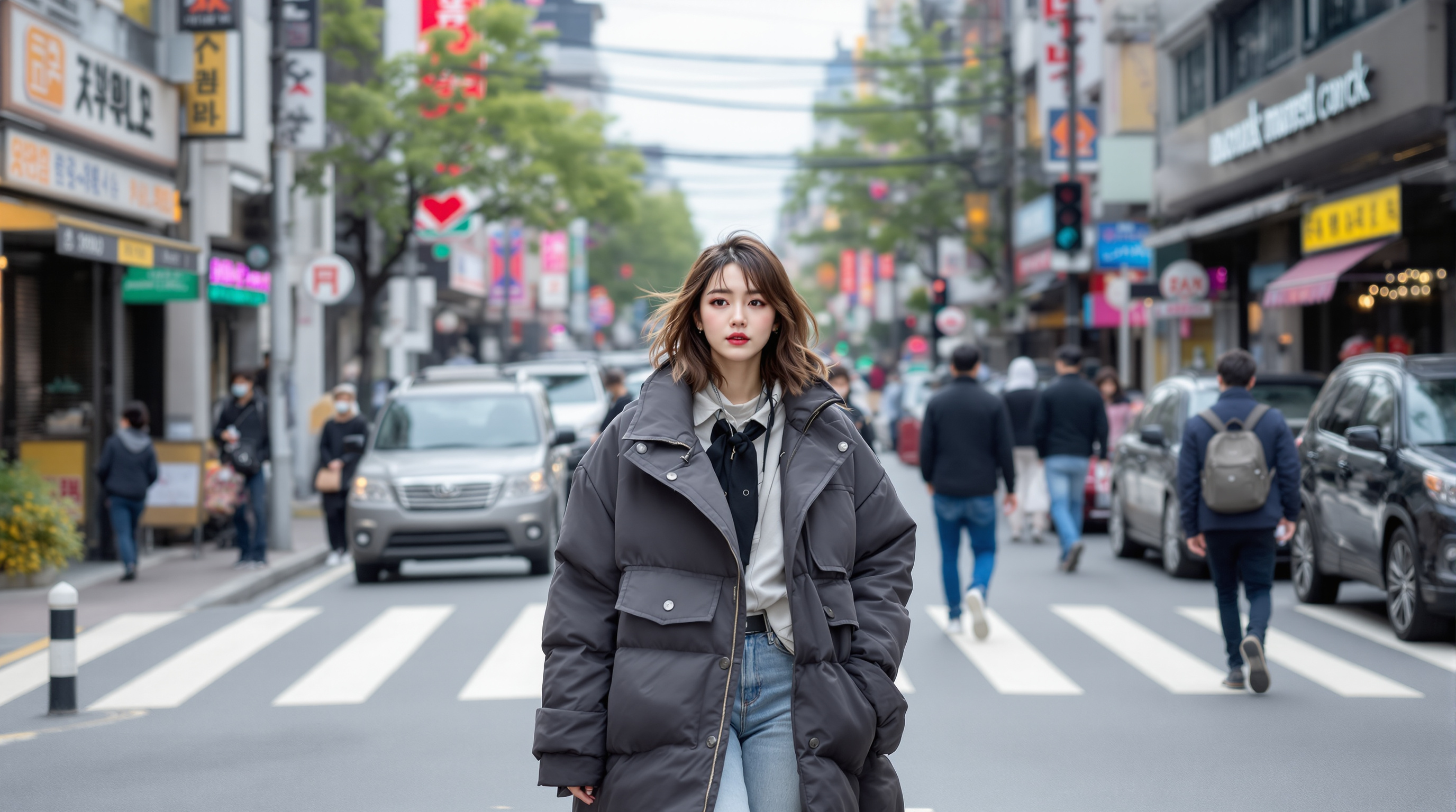 독특한 패션 스타일을 선보이며 서울 거리에서 걷고 있는 젊은 여성