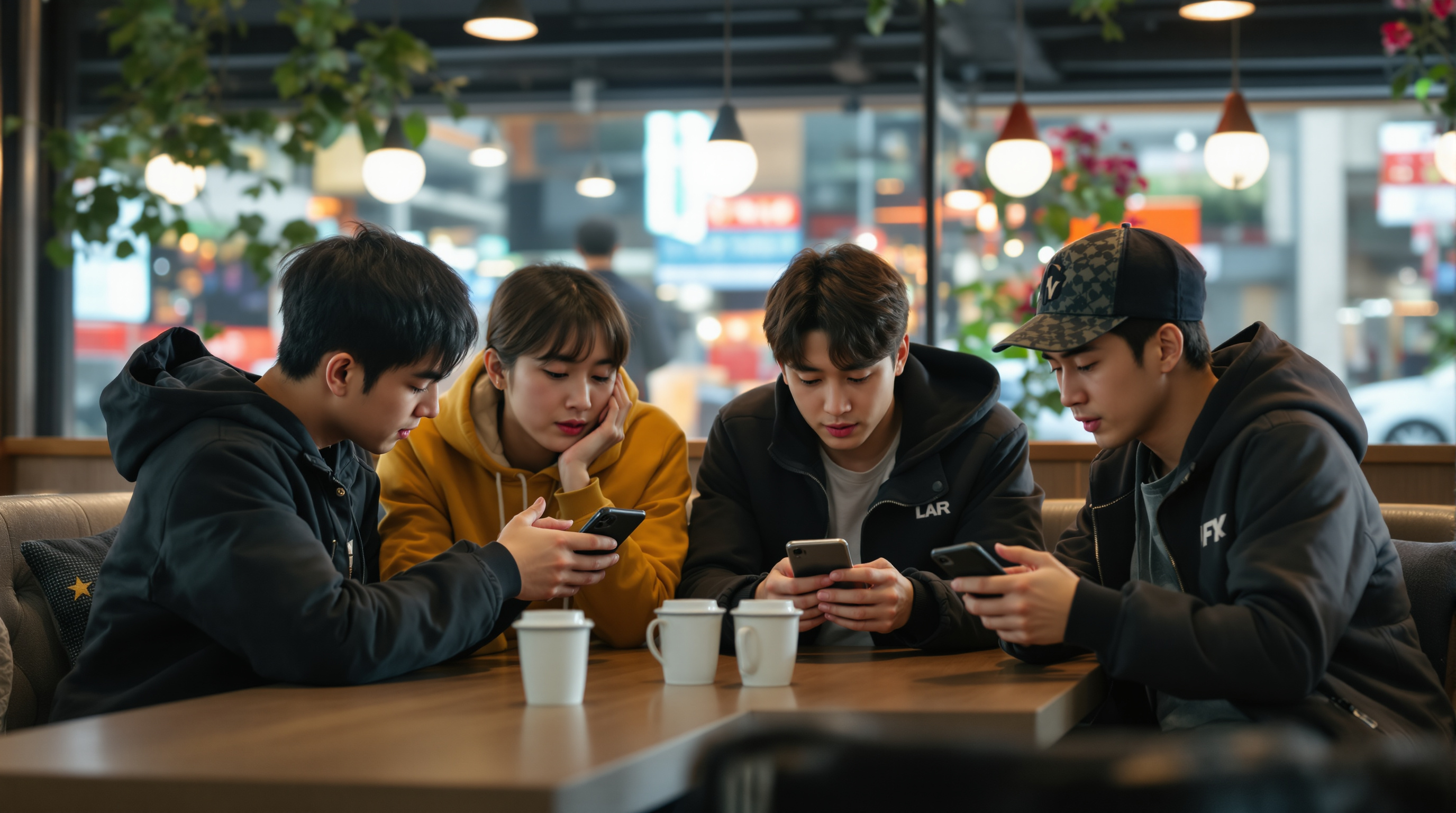 최신 트렌드와 밈을 이야기하며 카페에서 스마트폰을 사용하는 젊은이들