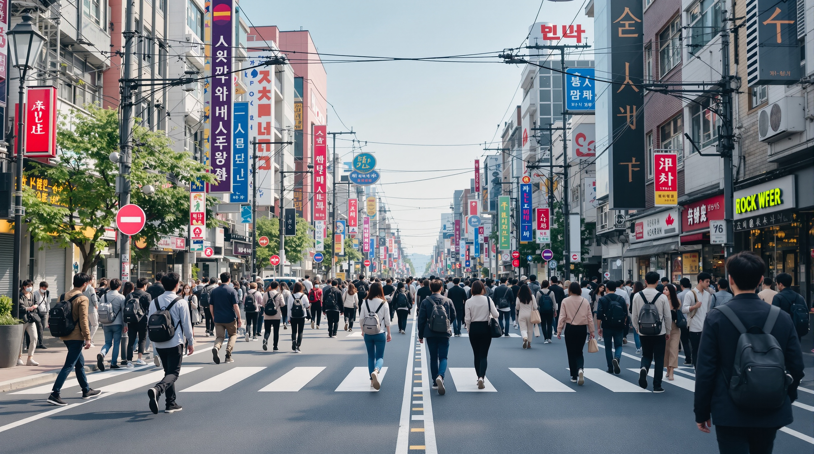 서울 거리에서 남성과 여성이 각기 다른 방향으로 걷고 있는 장면을 통해 성별 역할의 사회적 분열을 상징적으로 표현