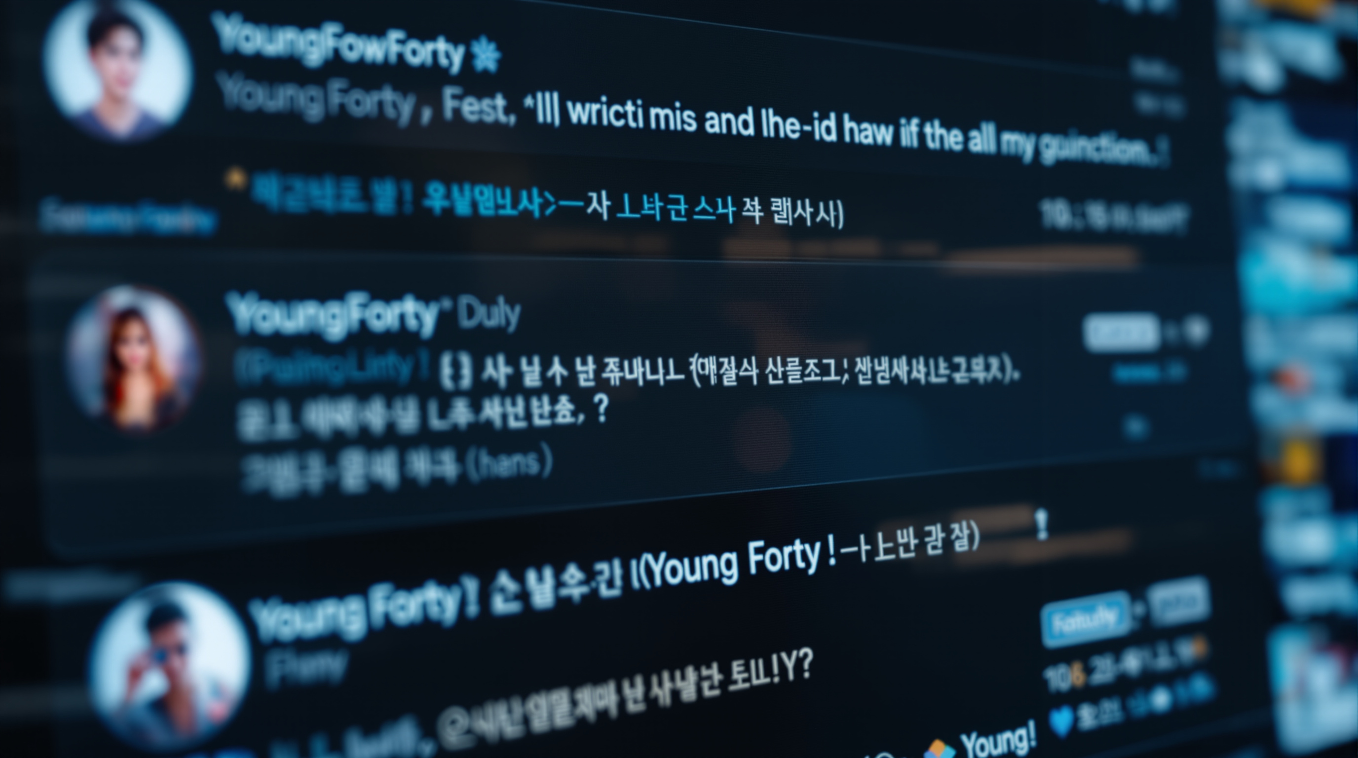 SNS 인터페이스에 영포티에 대한 부정적 댓글과 밈이 표시된 모습