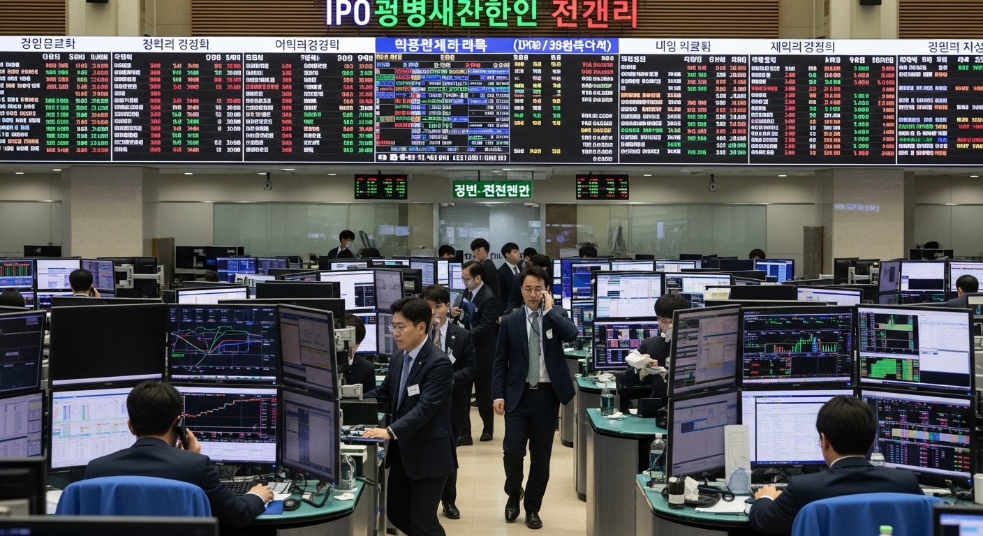 공모주 일정과 가격이 표시된 디지털 스크린이 있는 혼잡한 주식 거래소 내부