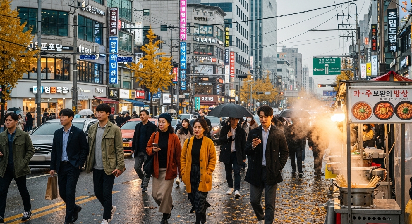 늦가을 서울 거리에서 사람들이 다양한 옷을 겹쳐 입고 있는 모습