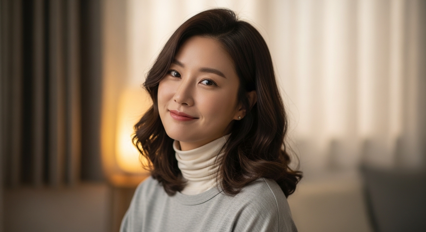 실내에서 터틀넥과 긴팔 티셔츠를 입고 있는 여성의 클로즈업