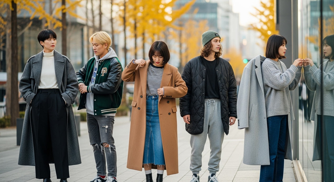 야외에서 울 코트와 바시티 자켓 등 다양한 아우터를 착용한 젊은이들