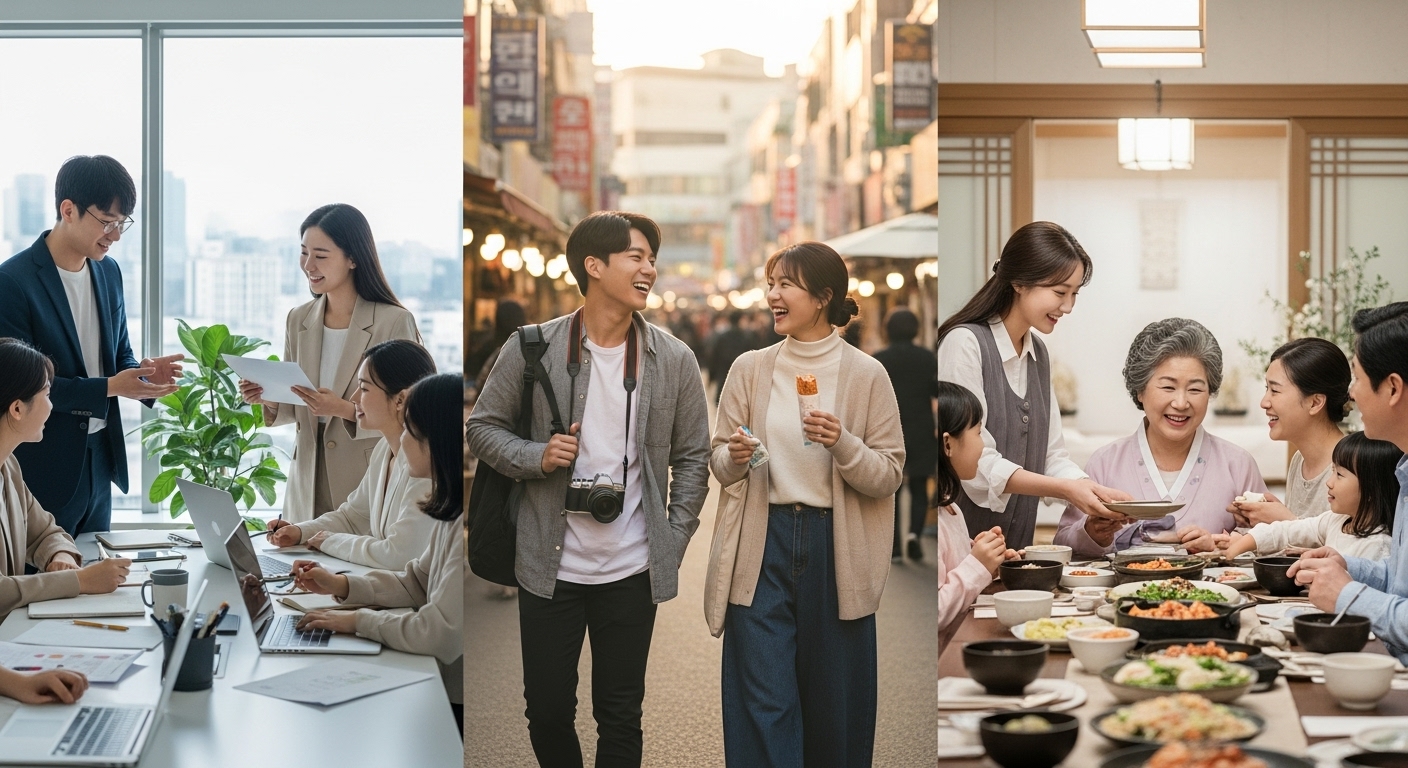 사무실에서 정장을 입거나 여행 중인 젊은이들이 각기 다른 스타일과 분위기를 보여주는 장면