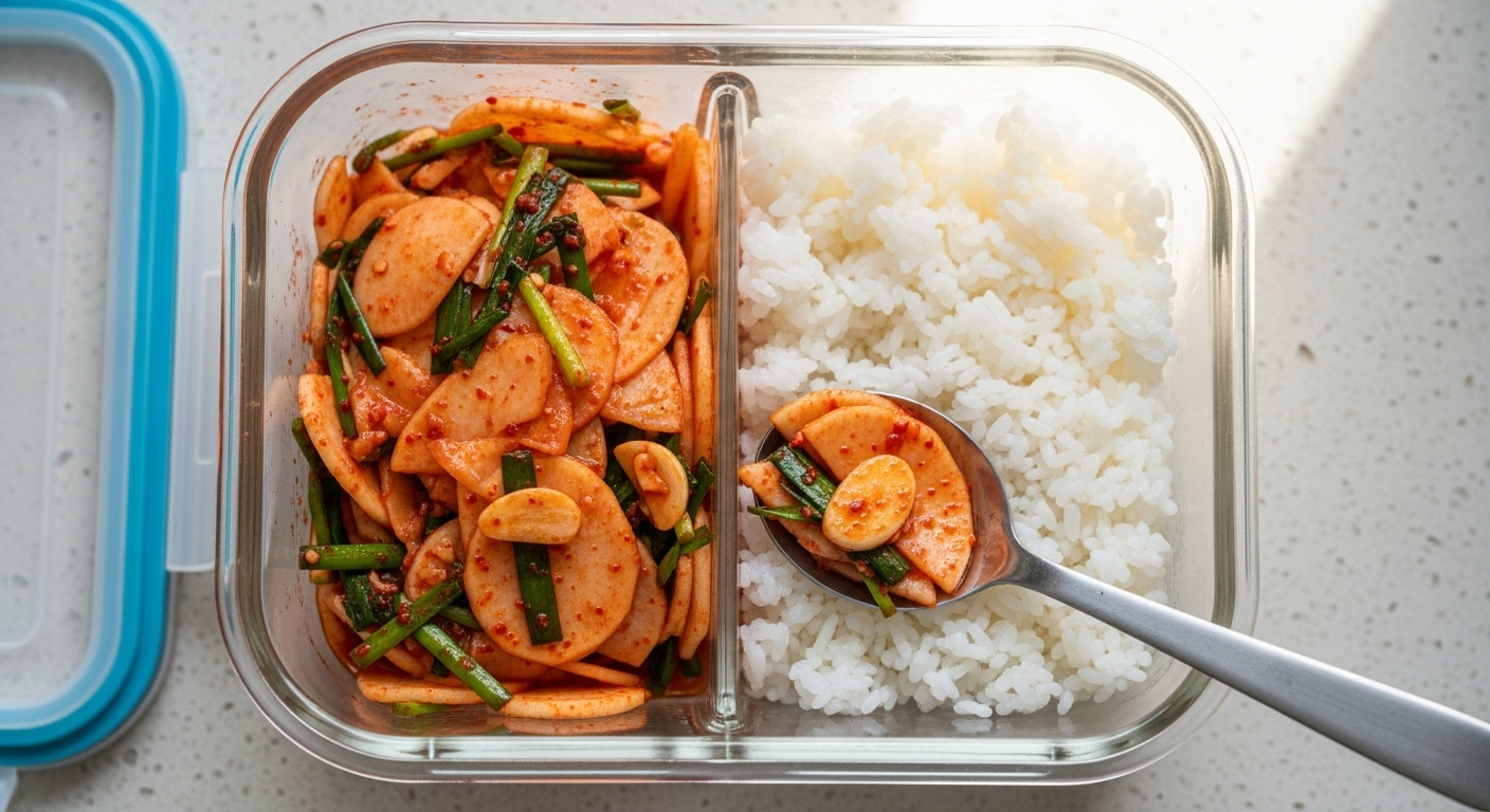 밀폐 용기에 담아 보관된 아삭한 무생채와 밥 상차림
