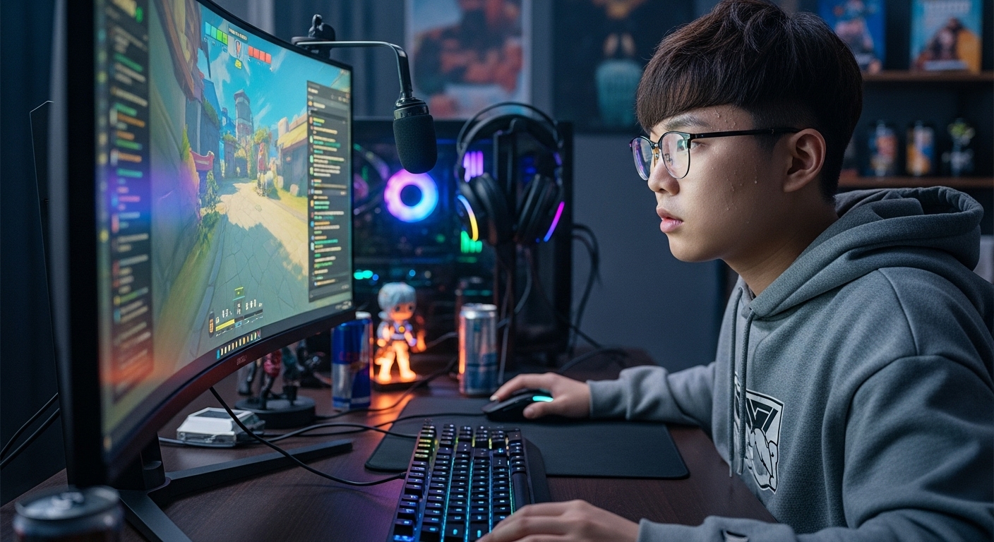 젊은 게이머가 컴퓨터 화면에 집중하고 있는 모습