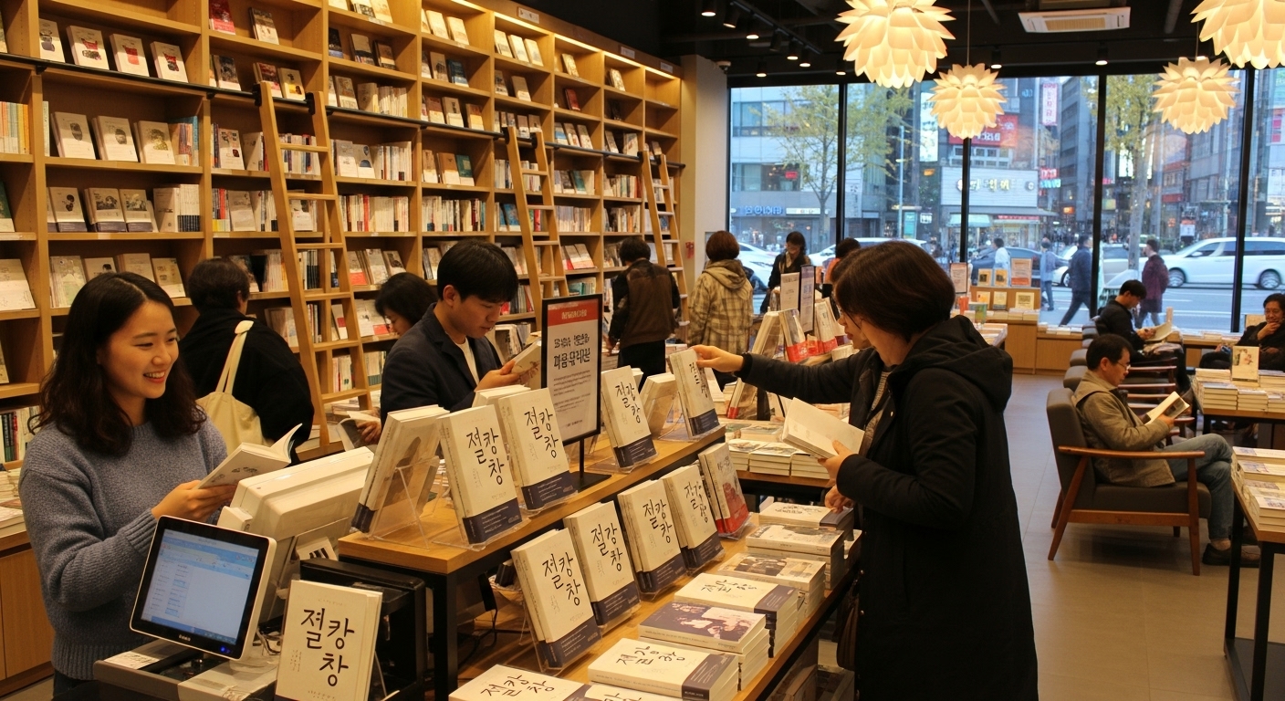 한국 서점에서 많은 사람들이 구병모의 베스트셀러 『절창』을 구매하는 장면
