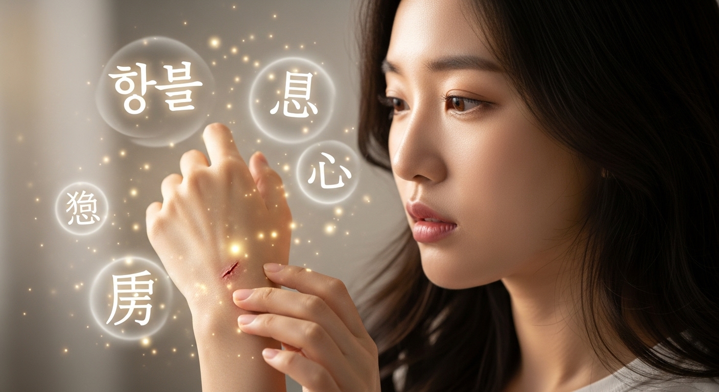 상처를 만지며 생각에 잠긴 젊은 여성이 주변에 발광하는 문자 기호들