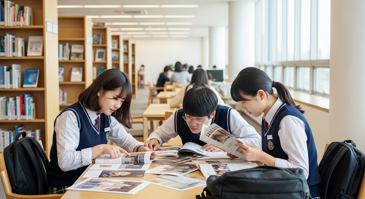 도서관에서 미술대학 관련 책자들을 보는 고등학생들의 모습