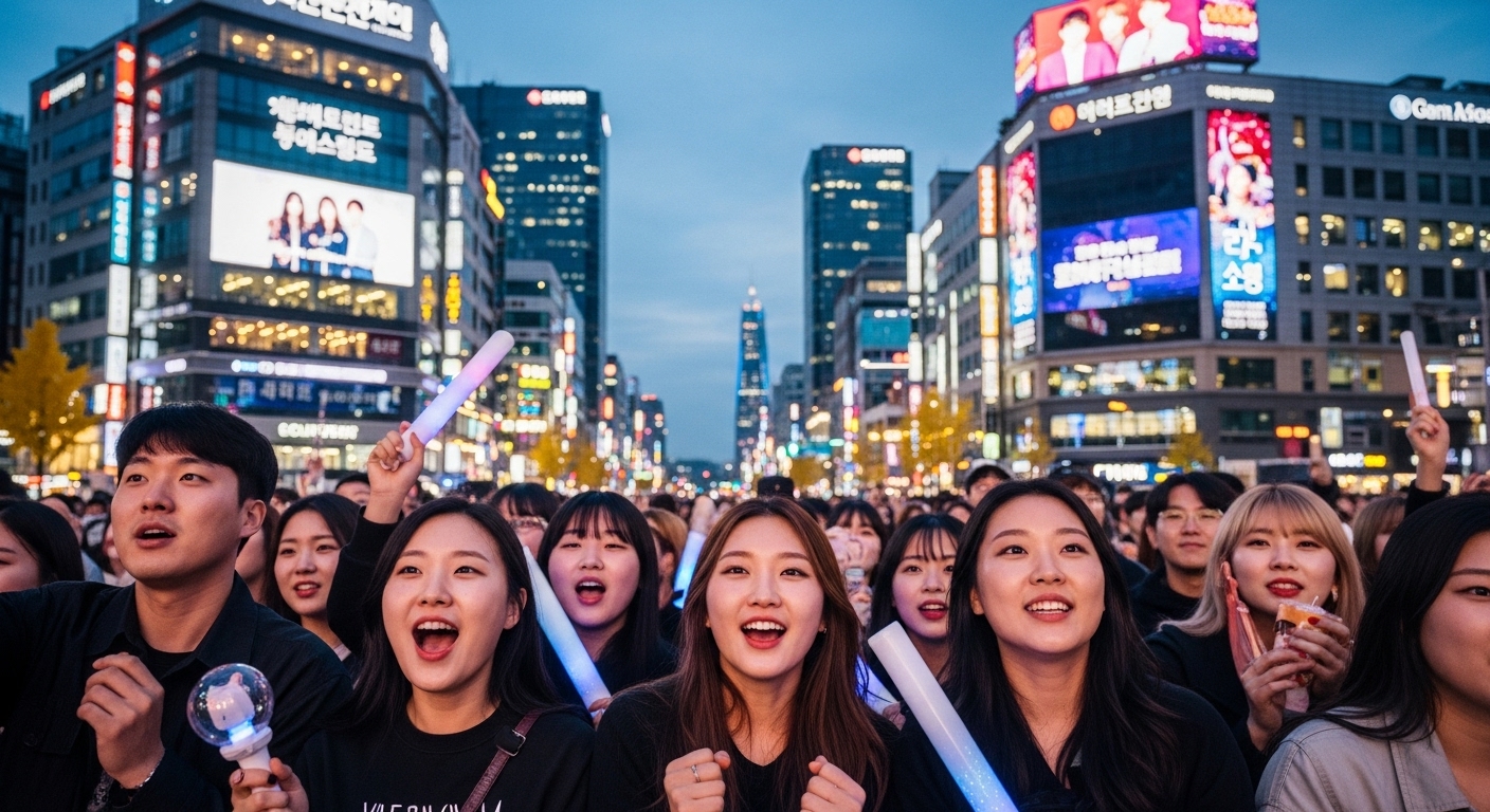 음악 공연을 기다리는 사람들의 흥분된 표정과 도시의 화려한 밤 풍경