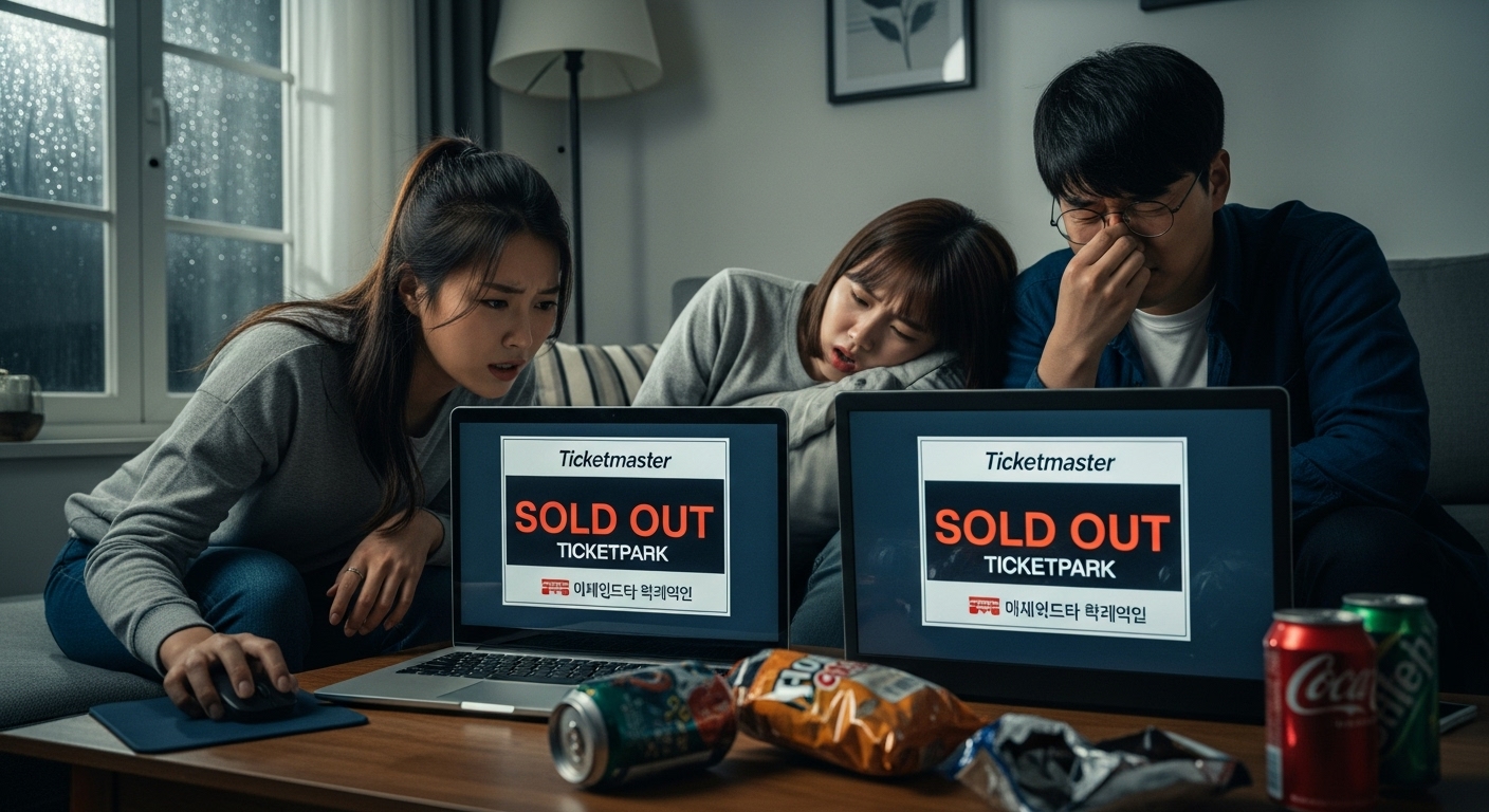 집에서 콘서트 티켓을 구매하려 애쓰는 팬들의 긴장된 표정