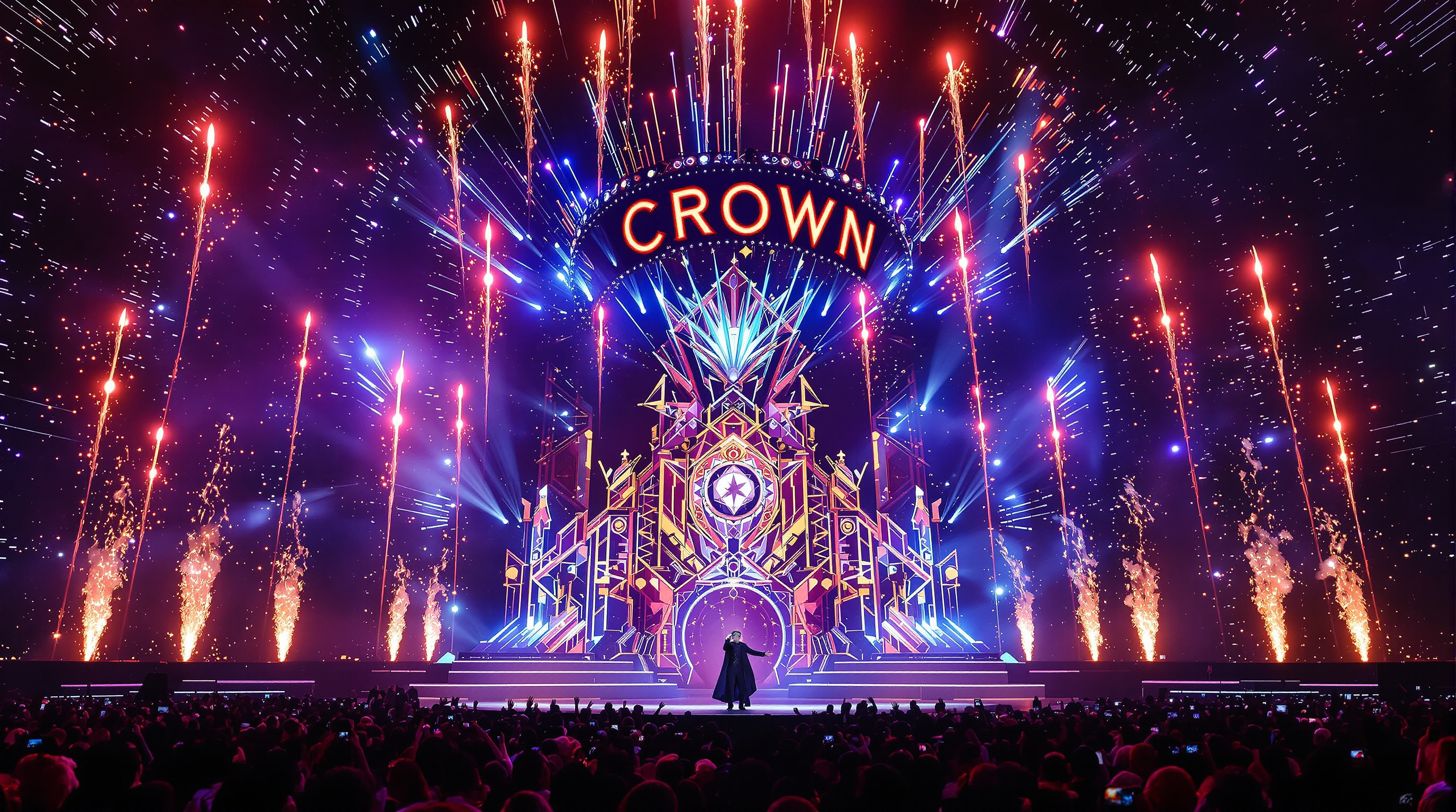 'CROWN' 무대에서 화려한 LED 비주얼과 불꽃 연출 속 열광하는 관객들