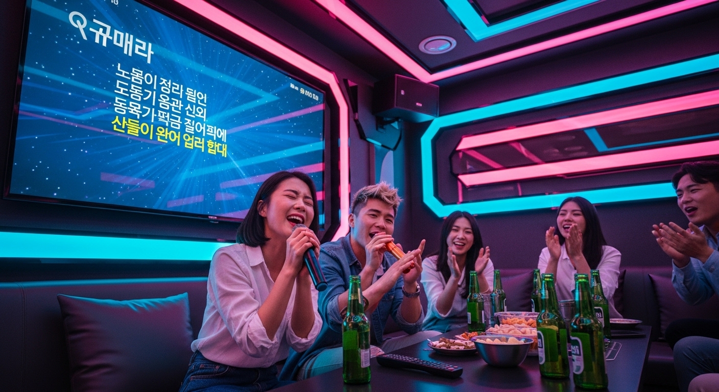 한국 노래방에서 친구들이 열정적으로 '만찬가'를 부르는 장면