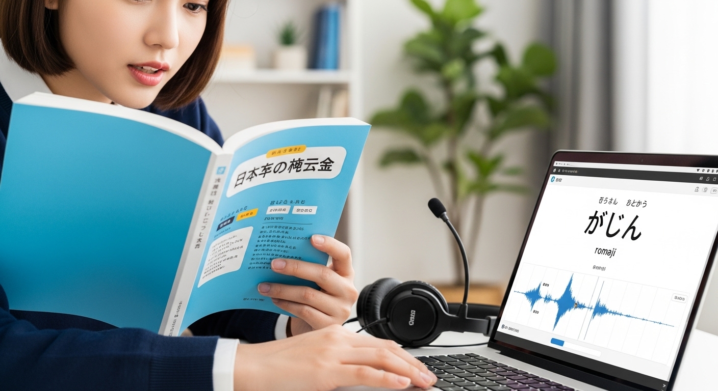 교과서와 노트북을 사용하여 일본어 발음을 연습하는 학생