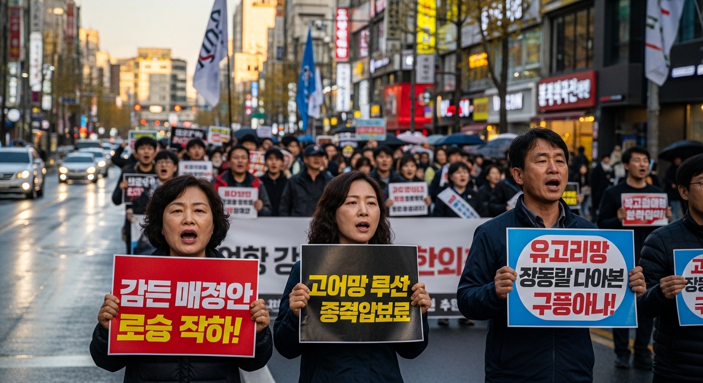 한국 거리에서 음주운전 관련 법률 개정을 요구하는 시위 장면