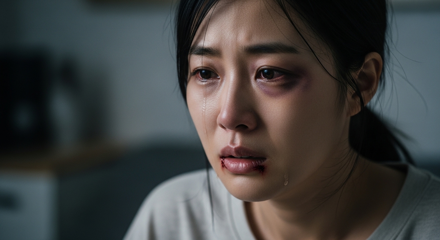 가정폭력 피해자를 연기하는 배우의 고통과 두려움이 담긴 클로즈업