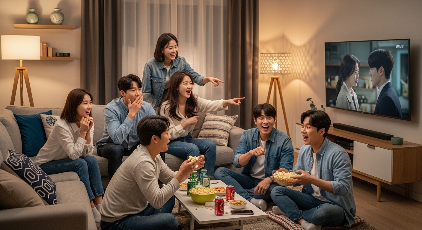 인기 있는 드라마를 시청하며 즐거워하는 친구들의 모습