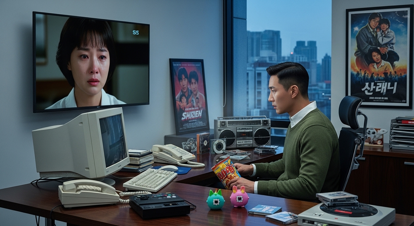 현대 사무실에서 TV 드라마를 집중해서 보는 남자와 1990년대 기념품이 있는 장면