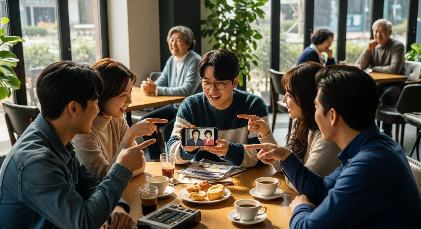 트렌디한 카페에서 젊은 세대가 90년대 클래식 드라마에 대해 이야기하는 모습