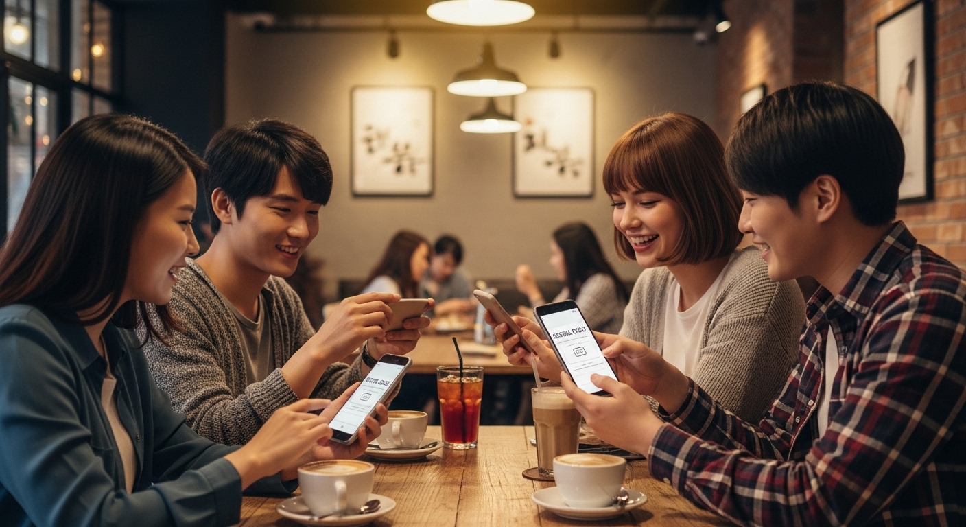 카페에서 스마트폰으로 추천 코드를 공유하는 젊은 한국인들 그룹의 모습