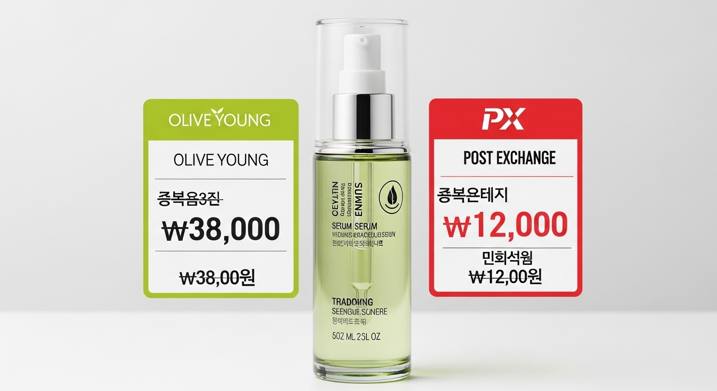 동일 제품에 대해 올리브영의 높은 가격과 크게 저렴한 PX 가격이 대비되는 모습