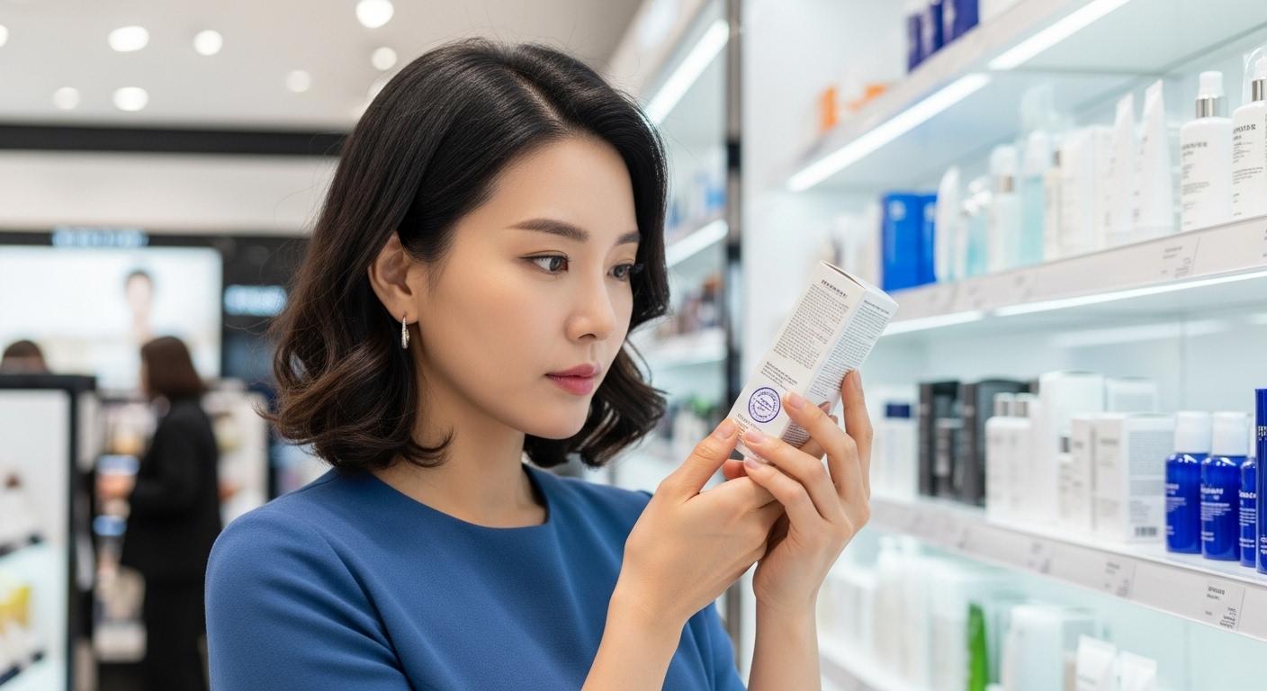밝은 매장에서 화장품 라벨을 꼼꼼히 확인하며 정품 여부를 검사하는 소비자의 모습